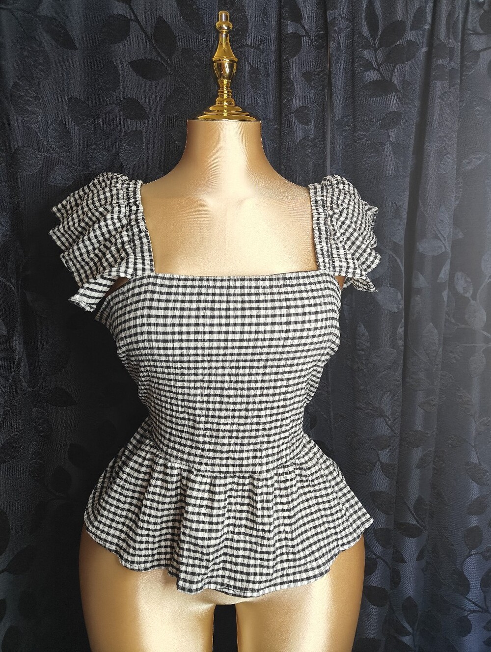 Vintage Style Gingham Peplum Top - Square Neck
